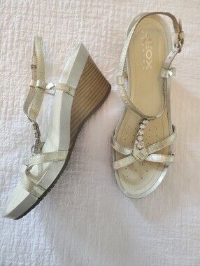 Geox Respira Metallic Silver Jewel T-Strap Wedge Sandals